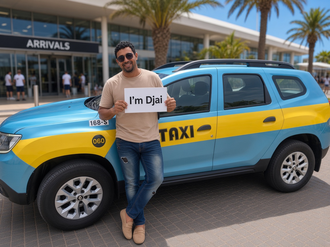 Djai Almeida leaning on his taxi at the airport holding an I’m Djai pickup sign
