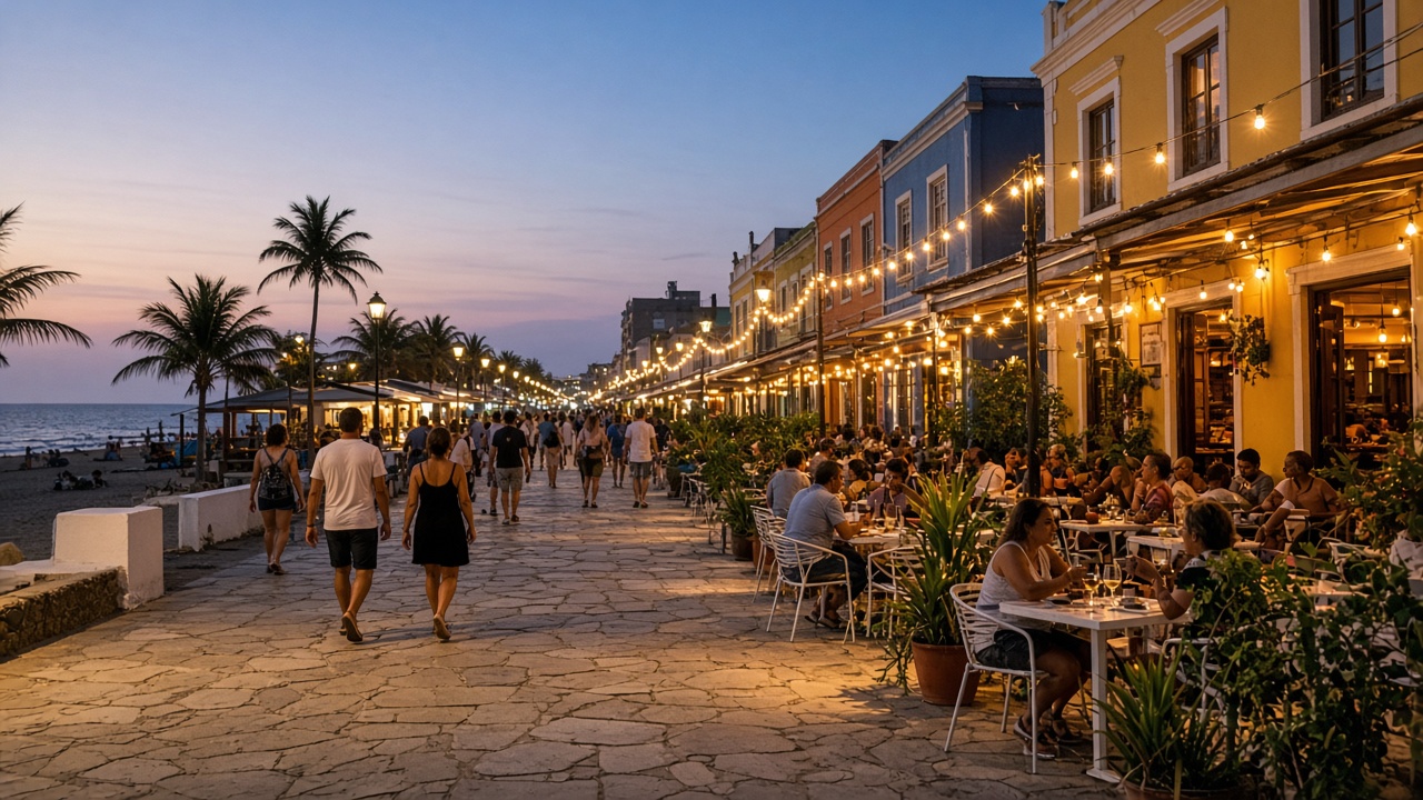 Santa Maria strip with cafes and restaurants at dusk