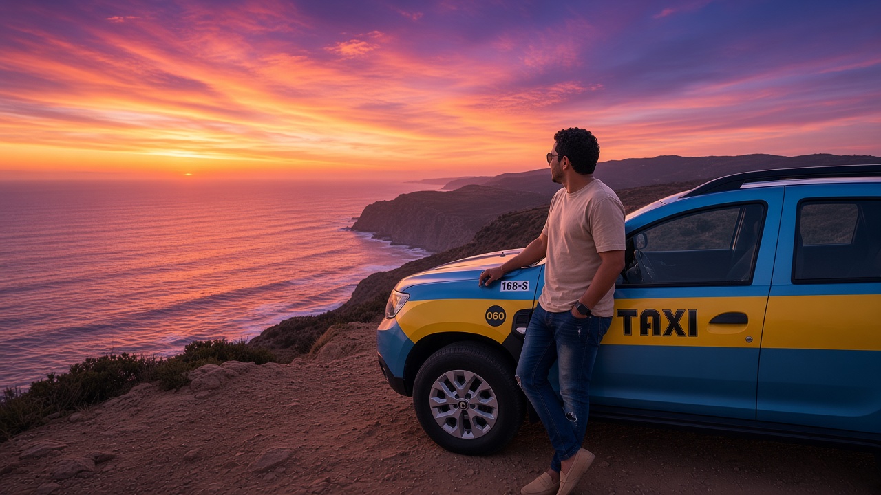 Scenic island viewpoint at sunset with Djai’s taxi