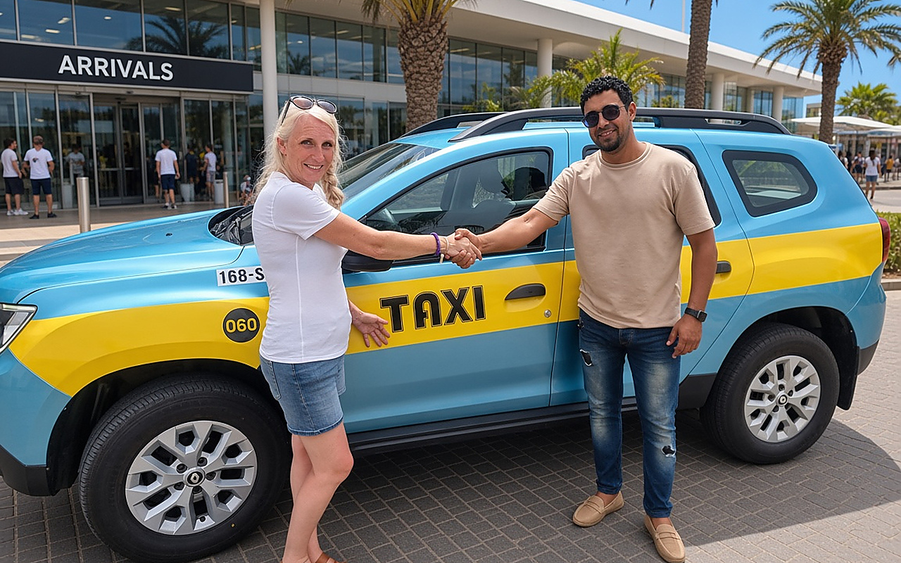 Djai’s blue taxi with yellow stripe outside Sal Island airport