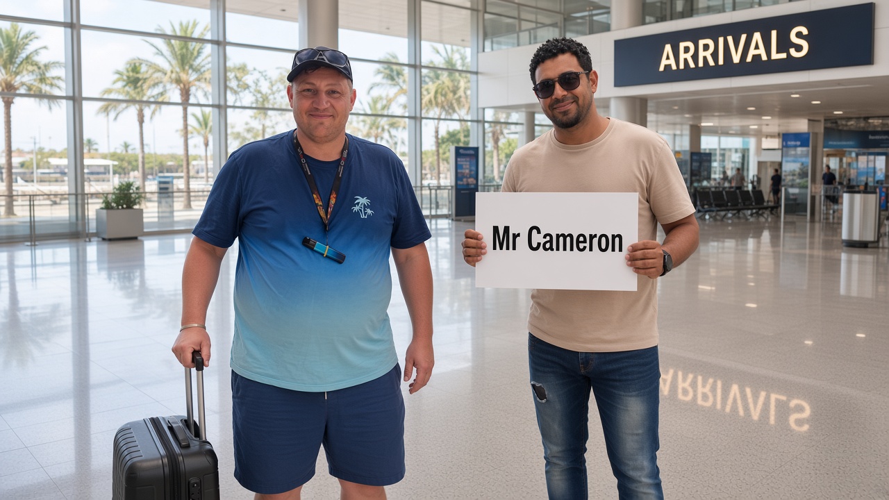 Djai meeting Mr Cameron in Sal Island airport arrivals with a name placard