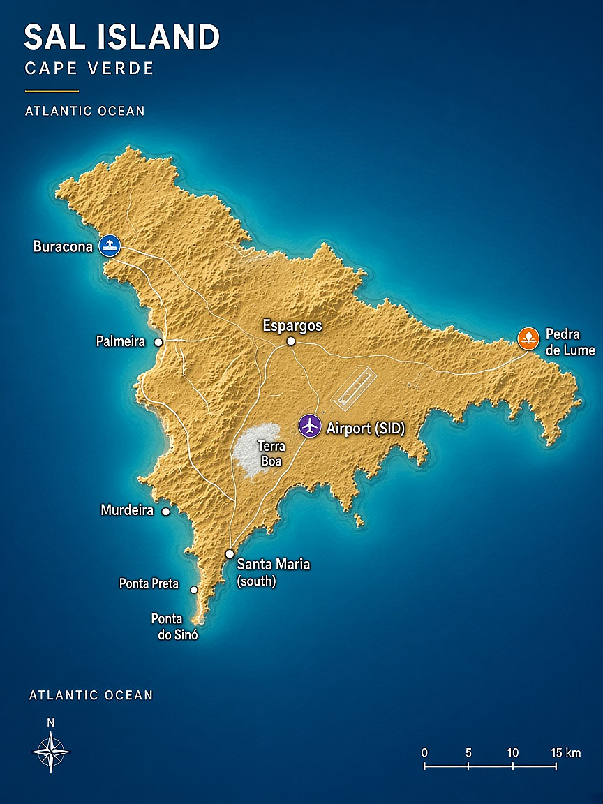 Detailed map of Sal Island showing Santa Maria, Espargos, Airport, Pedra de Lume, Buracona and surrounding areas
